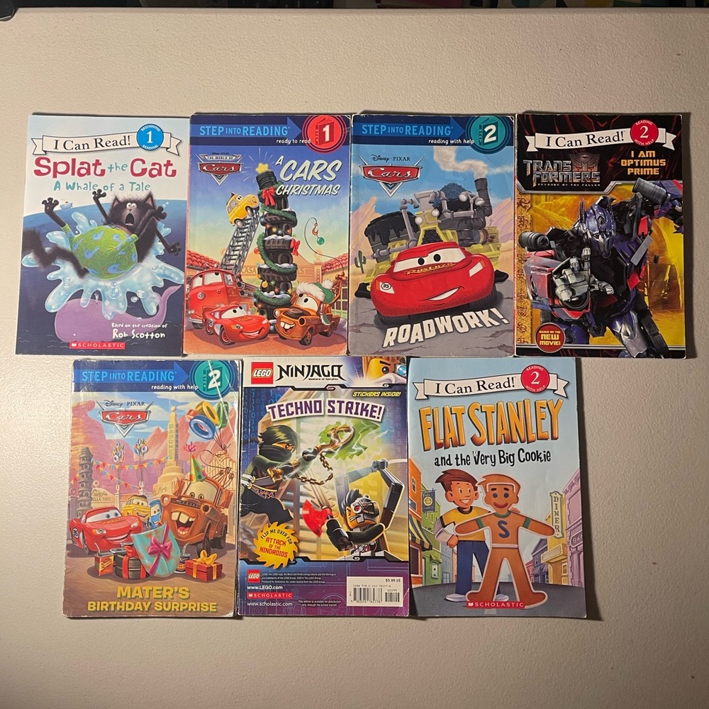 Splat the Cat, Cars, Transformers, Lego Ninjago , Flat Stanley Book Bundle